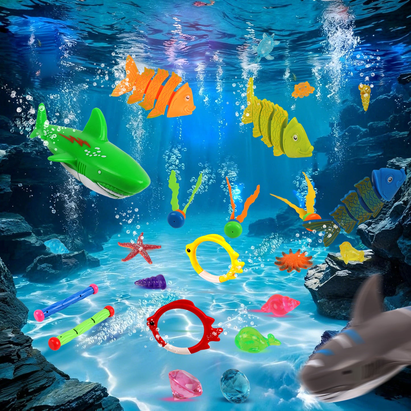 KiddiTouch 31 pcs Pool Toys for Kids and Adults,Swim Thru Rings Game Diving Toy with Big Dive Ring Storage Bag Underwater Treasures Starfish Fun Water Swimming