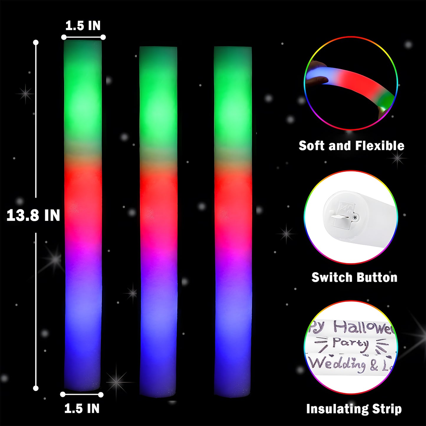 KiddiTouch 14Pcs Glow Sticks, Light Up Foam Stick Bulk with 3 Modes, Glow in Dark Party Supplies for Wedding, Raves, Concert
