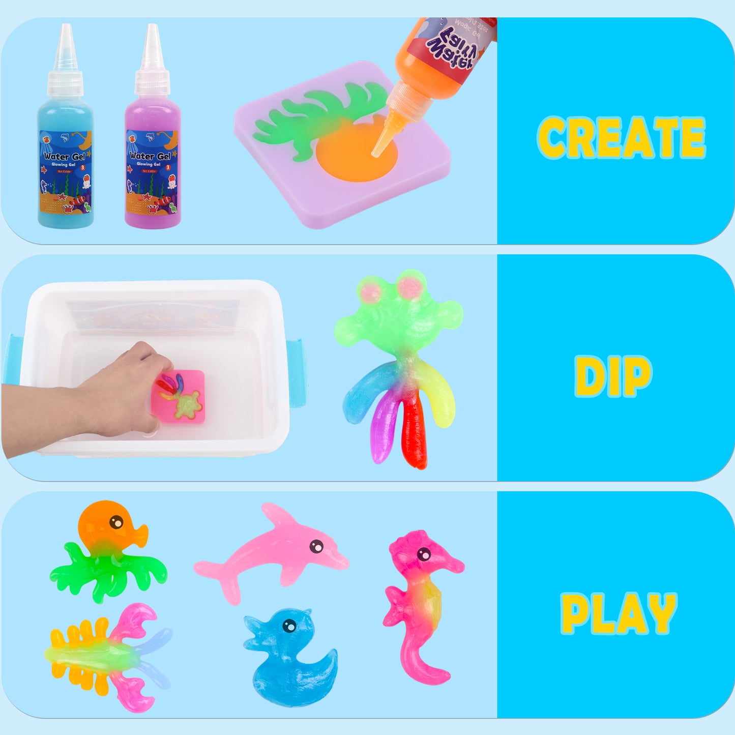 KiddiTouch Magic Water Elf Toy Gel Kit with 22 Gels, 16 Molds, 6 Pack of Magic Powder, Water Pets DIY Sensory Craft Kits for Kids Age 3+