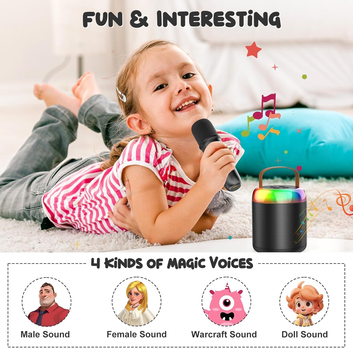 KiddiTouch Mini Karaoke Machine for Kids, Rechargeable Portable Wireless Kids Microphones, Kids Karaoke for Girls Christmas/Birthday/Home Party Gifts (Black)