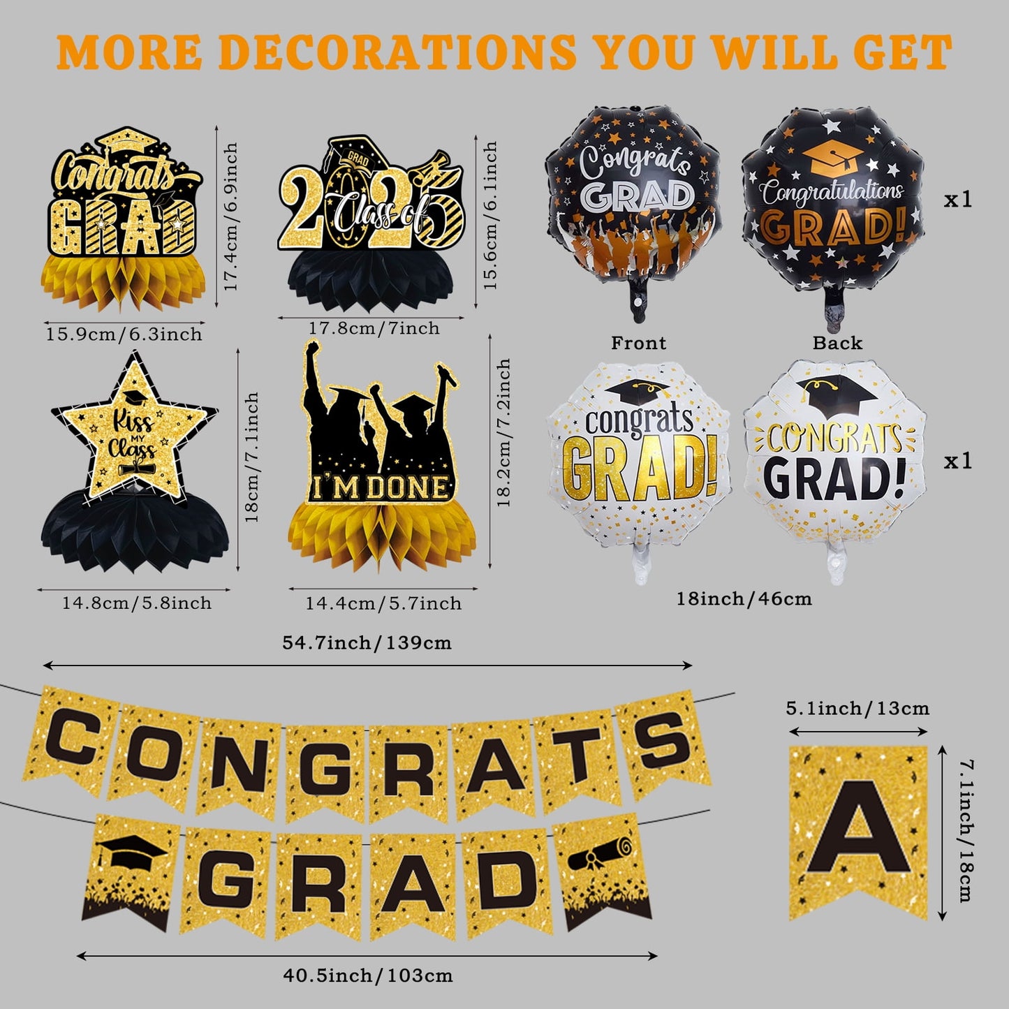 KiddiTouch Graduation Decorations Class of 2025 Gold Themed Backdrop Banner, Graduation Hanging Swirl, Balloons and Honeycomb Supplies for Graduation Party