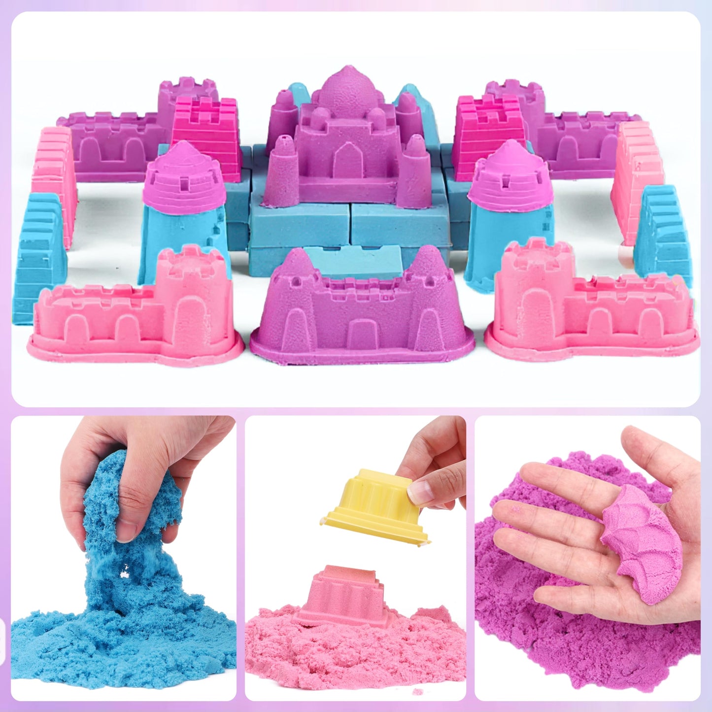KiddiTouch Sensory Bin Play Sand Set Moldable Sensory Sand Kit, Non-Sticky Sand with Castle Molds and Tools, Sensory Toy Birthday Gift for Girl Toddler Ages 3-8