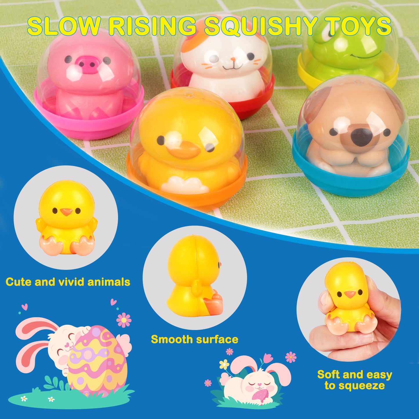 KiddiTouch Prefilled Easter Eggs with Squishy Toys, 12 Packs Easter Basket Stuffers Slow Rising Stress Squishies for Kids Birthday Goodie Bag Stuffers