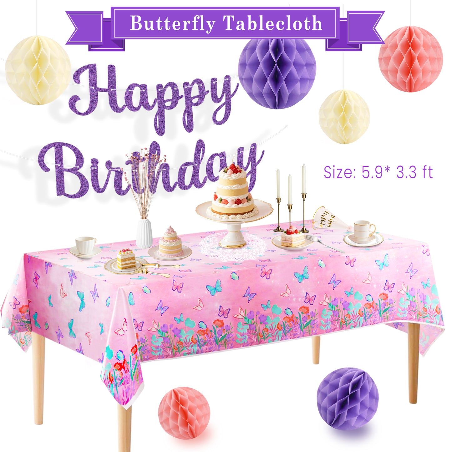 Kidditouch Birthday Decorations, NO DIY, Pre-Strung Happy Birthday Banner with Honeycomb Balls, Butterflies Hanging Swirls Streamer, Flower Garland, Butterflies Tablecloth, Happy Birthday Party Decorations for Women Men Boys Girls (Purple)