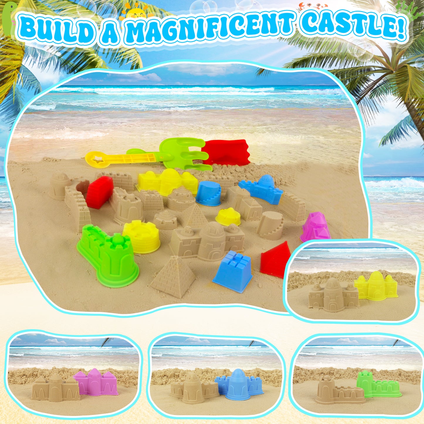 KiddiTouch Sand Toys, 35Pcs Beach Toys, Sandbox Toys with 3 Truck 2 Collapsible Beach Bucket, Sand Castle Toys Kit, Animal Dinosaur Molds, Shovel Set, 2 Mesh Bag, Travel Toys for Boys Girls 3-10