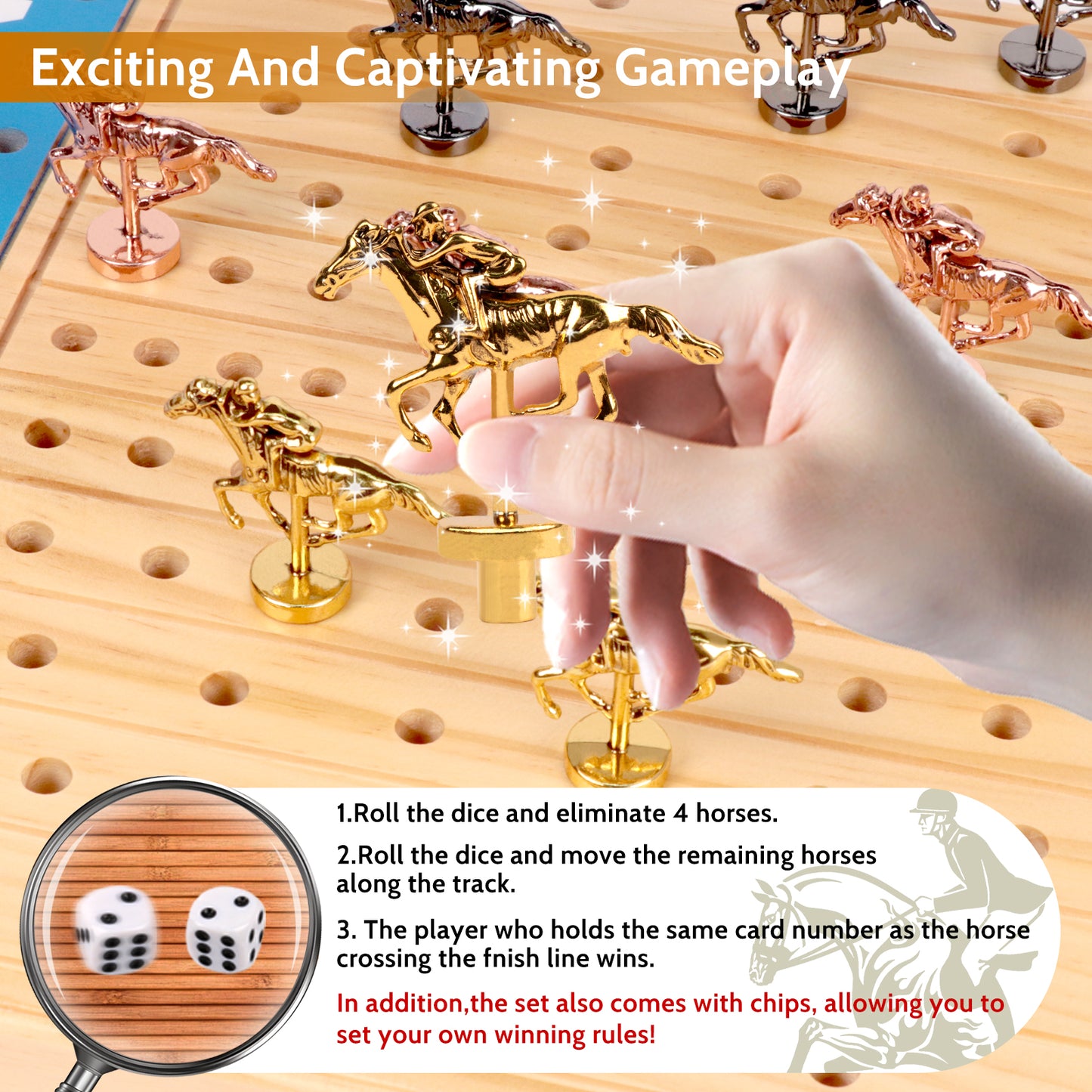 KiddiTouch Horse Racing Game, Horse Race Board Game, Thickened Solid Wood Horse Games with 11 Metal Horses, 2 Dices, 2 Boxes of Cards and 5 Sets of Gaming Chips Gifts for Families Games and Parties