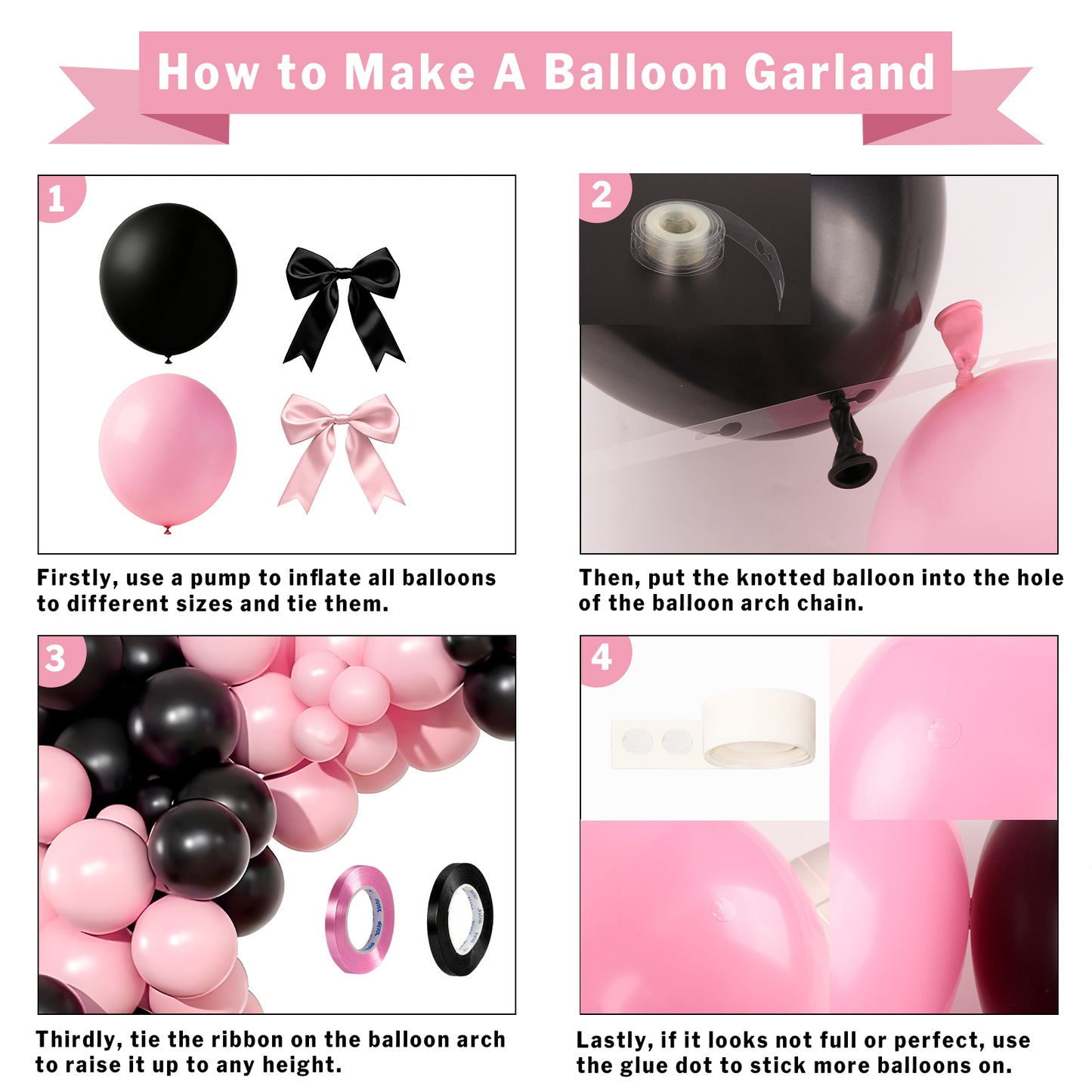 KiddiTouch 146Pcs Black and Pink Balloon Garland Arch Kit, 5 10 12 18 Inch Black Pink Confetti Latex Balloons Decorations for Birthday, Wedding, Baby Shower and Party