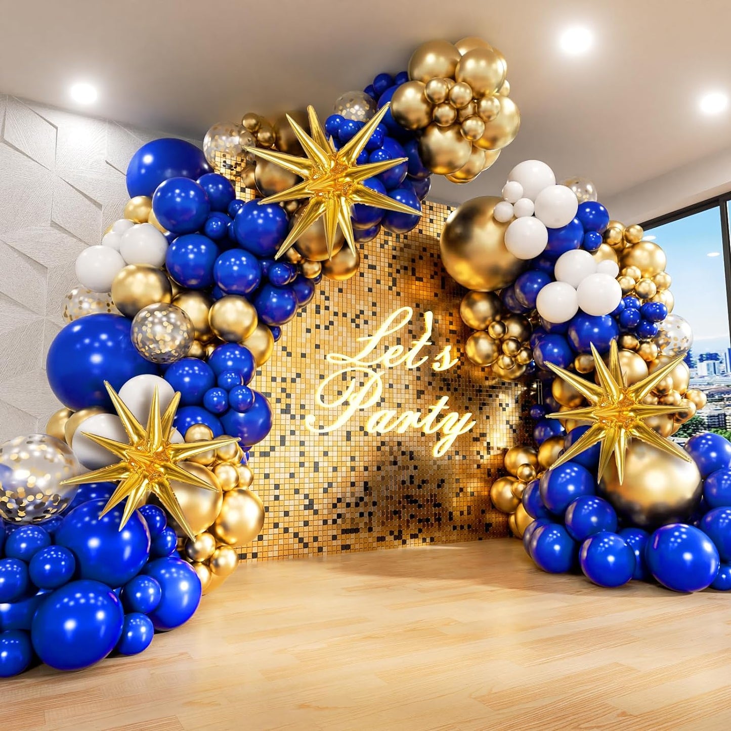 KiddiTouch 136pcs Royal Blue and Gold Balloons Arch Garland Kit with Starburst Foil Balloons
