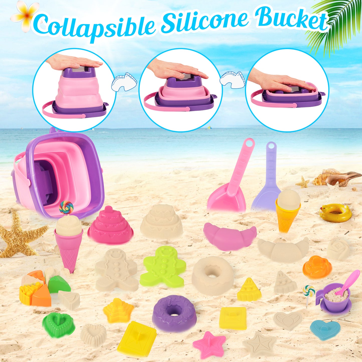 KiddiTouch Sand Toys 35Pcs Beach Toys Sandbox Toys with Collapsible Sand Bucket& Mesh Beach Toy Bag, 4 Sand Tools, 18 Sand Molds, Sand Castle Kit for Girls Kids Ages 3-12