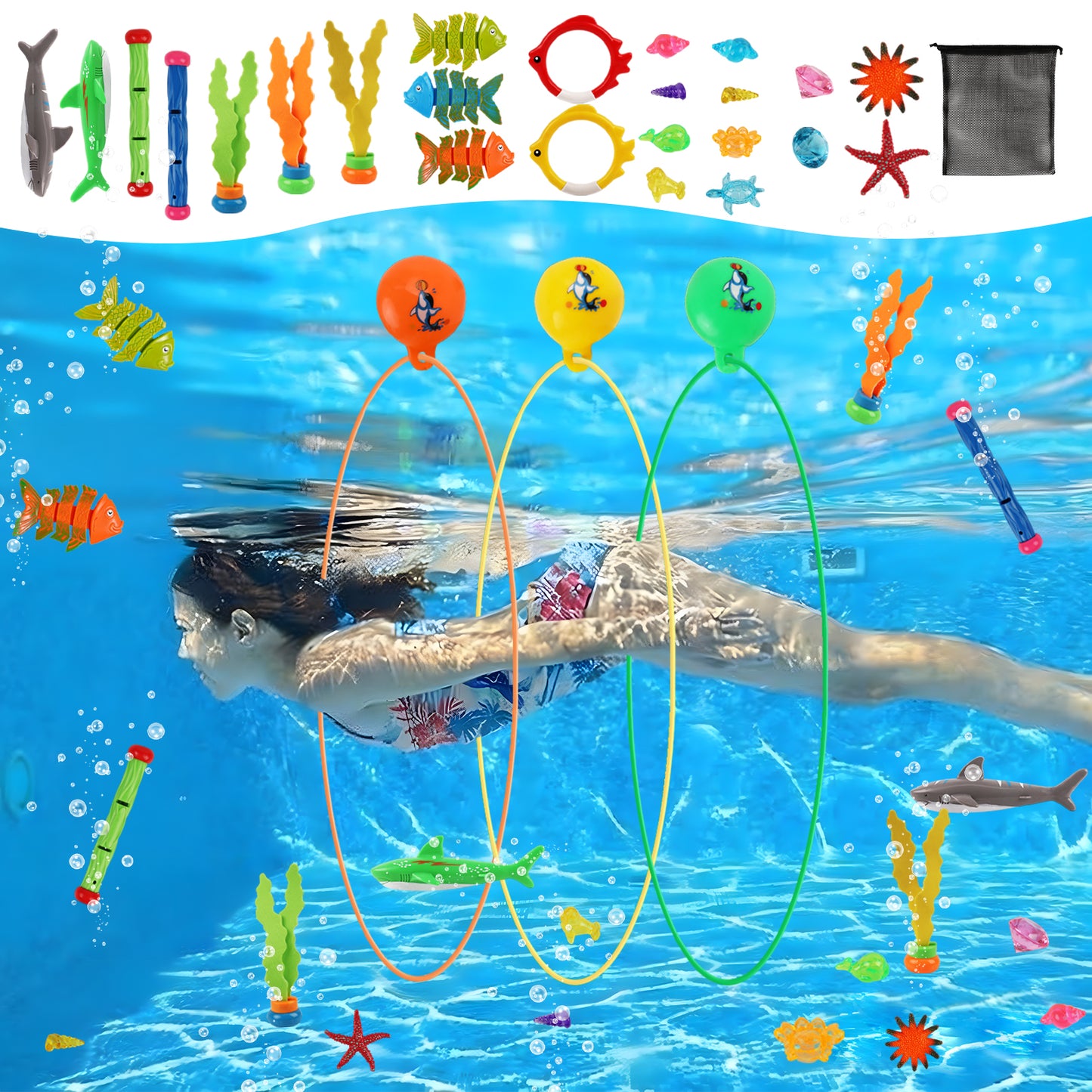 KiddiTouch 31 pcs Pool Toys for Kids and Adults,Swim Thru Rings Game Diving Toy with Big Dive Ring Storage Bag Underwater Treasures Starfish Fun Water Swimming
