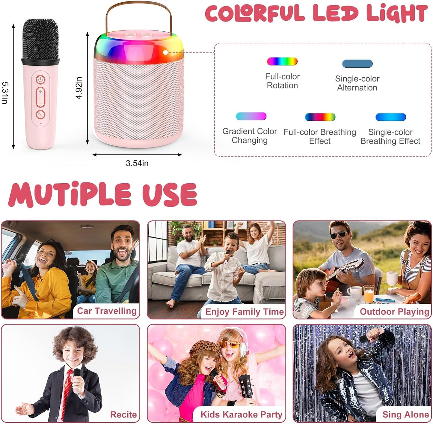 KiddiTouch Mini Karaoke Machine for Kids, Rechargeable Portable Wireless Karaoke Speaker with 2 Microphones and Magic Sounds, Kids Karaoke for Girls Christmas/Birthday/Home Party Gift