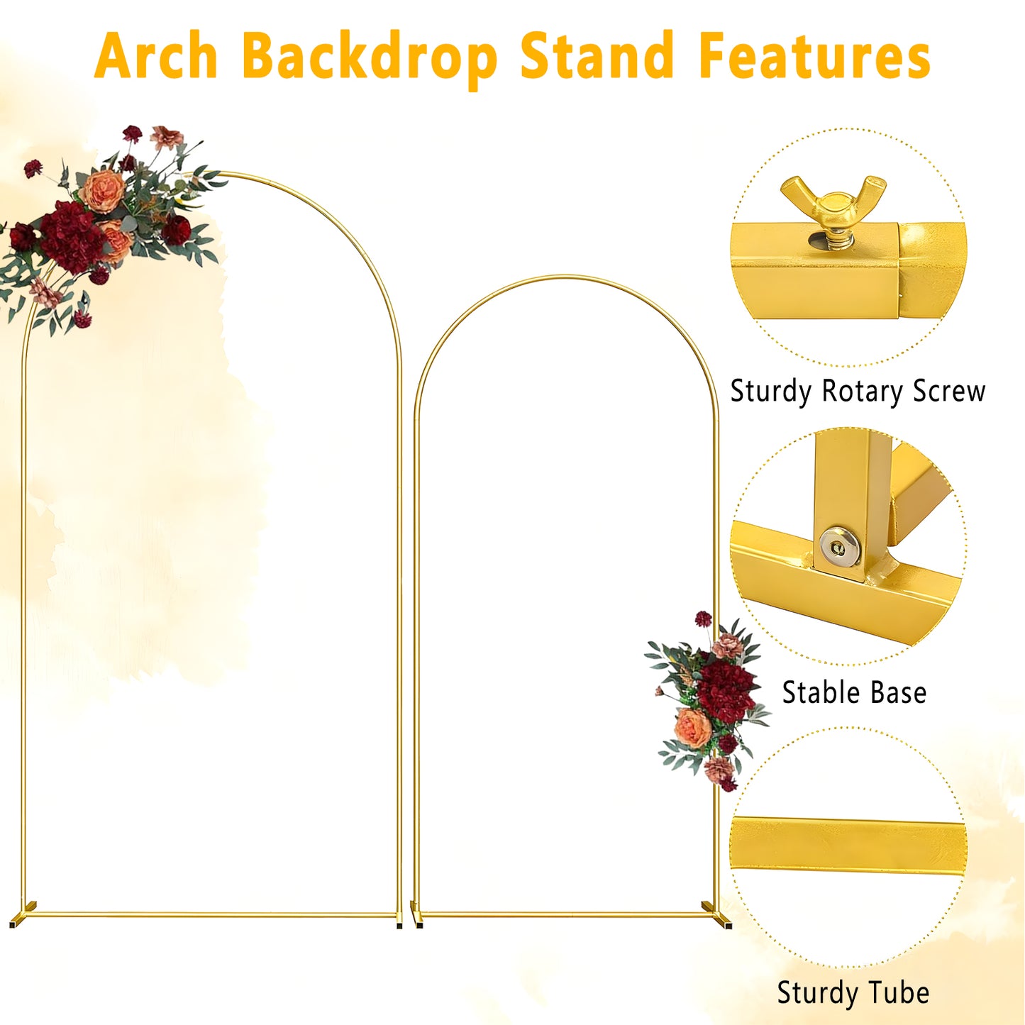 KiddiTouch 2 Pack Arch Backdrop Stand (7.2FT+6FT), Gold Metal Balloon Arch Stand, Arch Frame for Wedding, Birthday, Party, Baby Shower, Graduation Ceremony