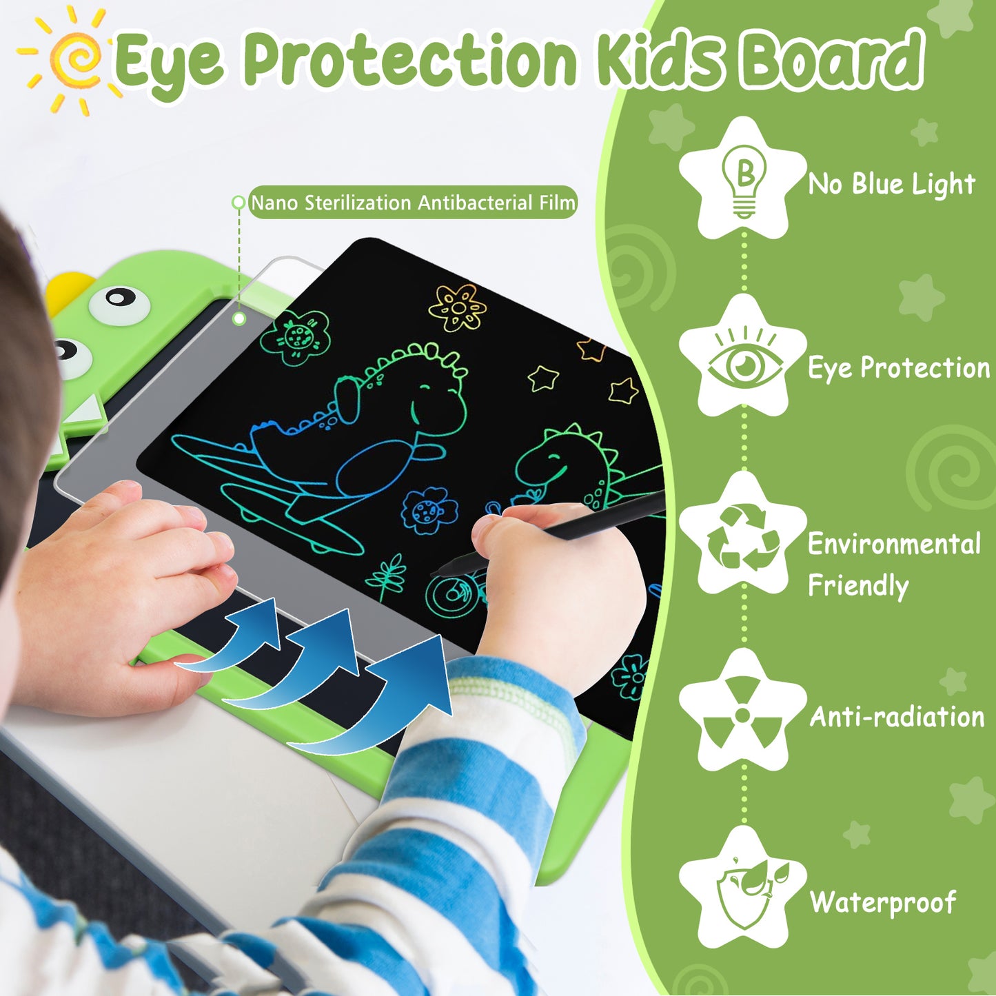 KiddiTouch LCD Writting Tablet for Kids 10 Inch Dinosaur Erasable Doodle Board Mess Free Drawing Pad for Boys Educational Toys Birthday Gift