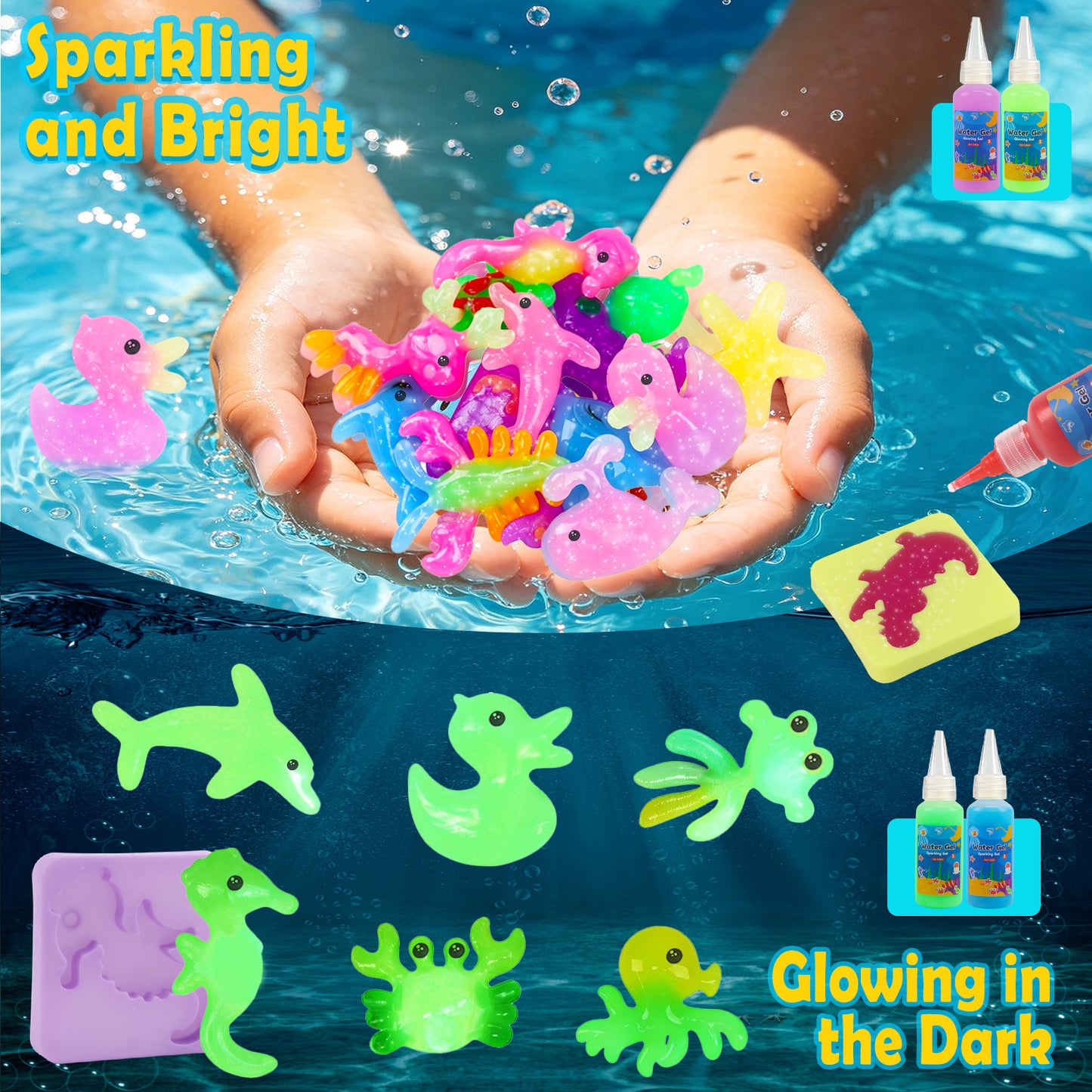 KiddiTouch Magic Water Elf Toy Gel Kit with 22 Gels, 16 Molds, 6 Pack of Magic Powder, Water Pets DIY Sensory Craft Kits for Kids Age 3+