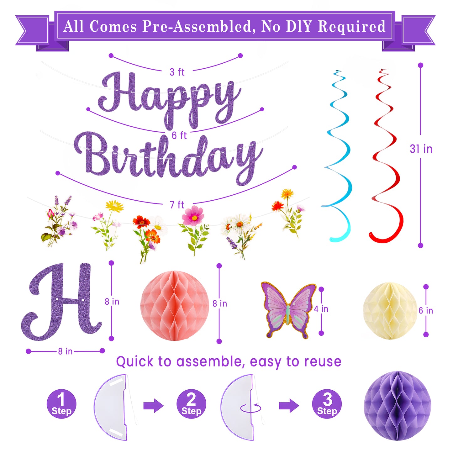 Kidditouch Birthday Decorations, NO DIY, Pre-Strung Happy Birthday Banner with Honeycomb Balls, Butterflies Hanging Swirls Streamer, Flower Garland, Butterflies Tablecloth, Happy Birthday Party Decorations for Women Men Boys Girls (Purple)