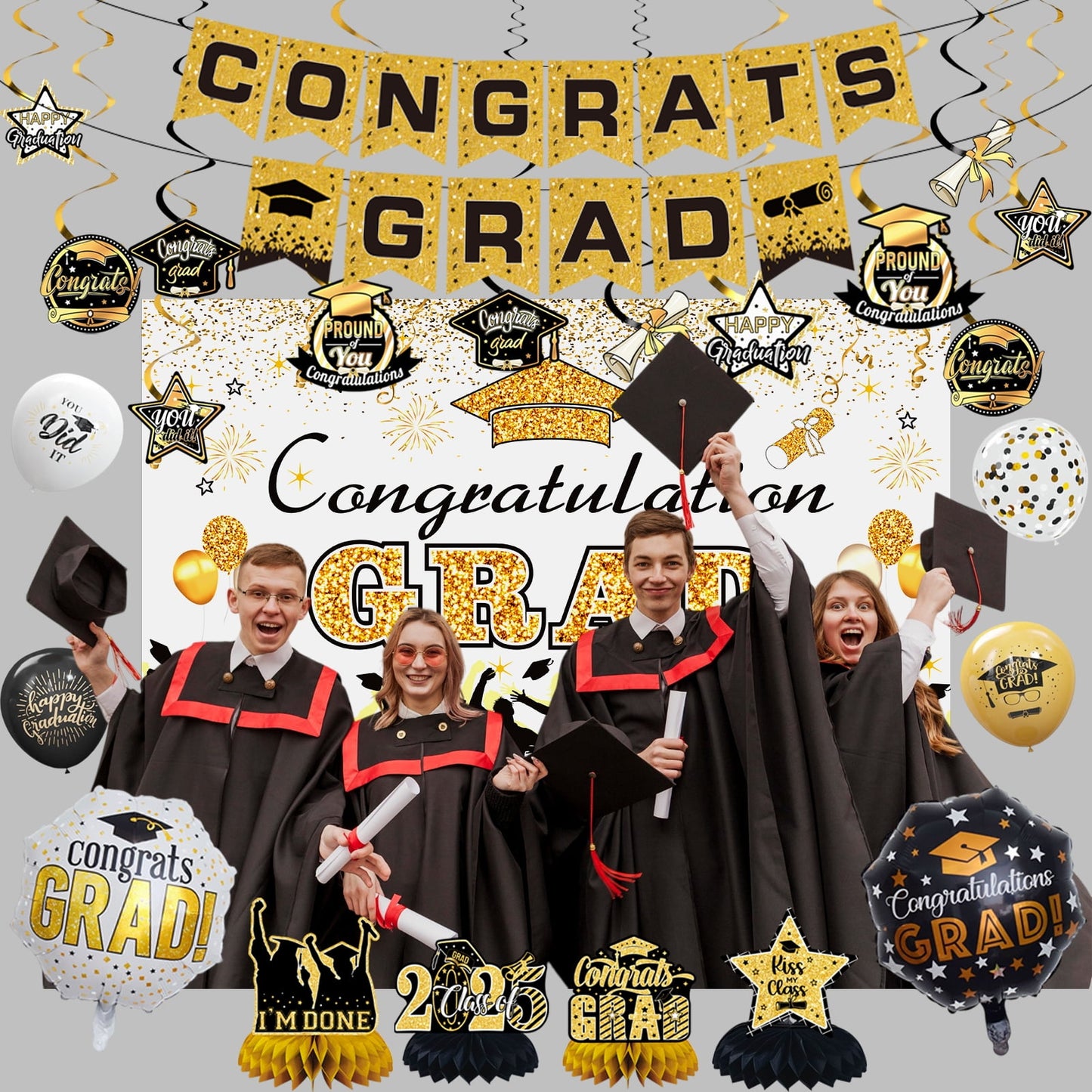 KiddiTouch Graduation Decorations Class of 2025 Gold Themed Backdrop Banner, Graduation Hanging Swirl, Balloons and Honeycomb Supplies for Graduation Party