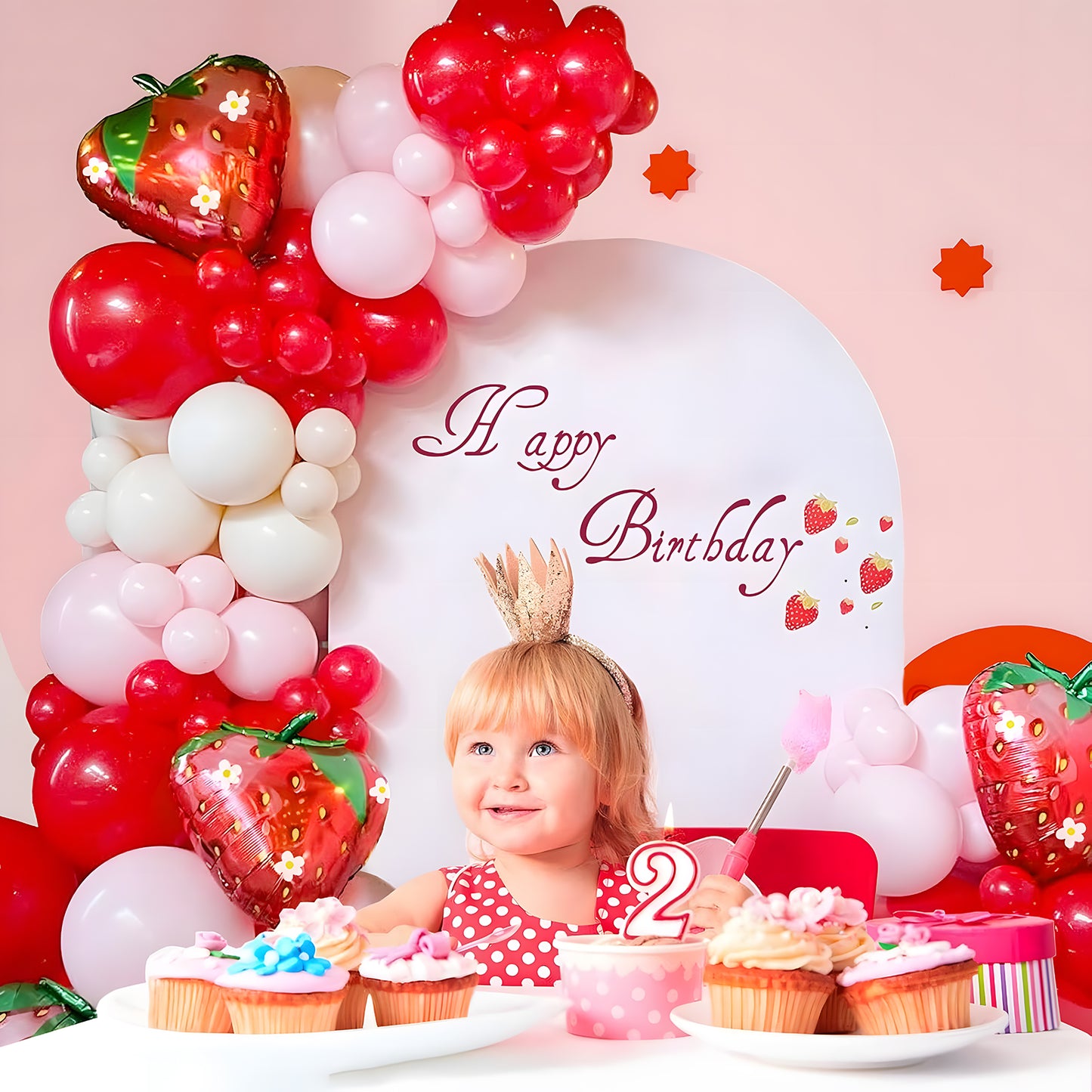 KiddiTouch 121Pcs Strawberry Balloon Arch Garland Kit, Red and Pink Balloons with 23inch Strawberry Foil Balloons for Girls Sweet One Berry First Birthday Baby Shower Strawberry Party Decorations