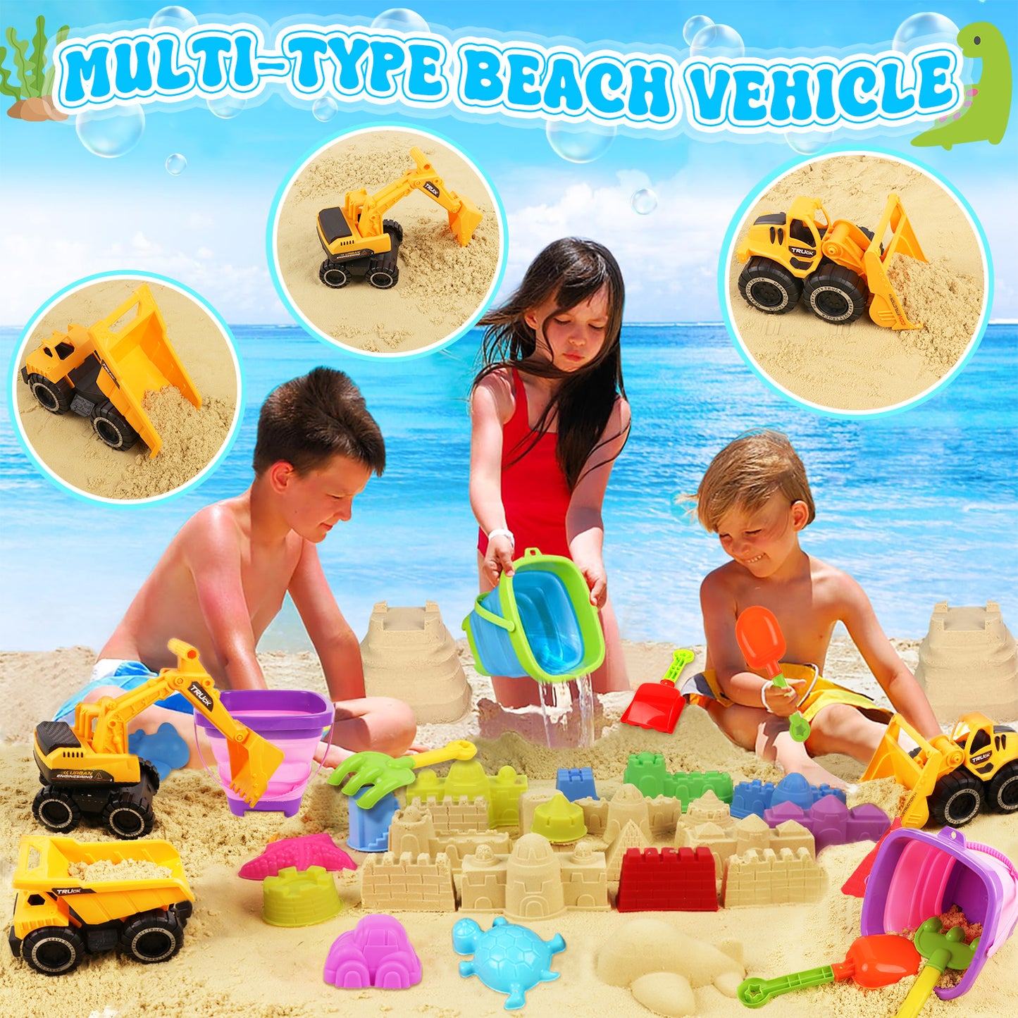 KiddiTouch Sand Toys, 35Pcs Beach Toys, Sandbox Toys with 3 Truck 2 Collapsible Beach Bucket, Sand Castle Toys Kit, Animal Dinosaur Molds, Shovel Set, 2 Mesh Bag, Travel Toys for Boys Girls 3-10