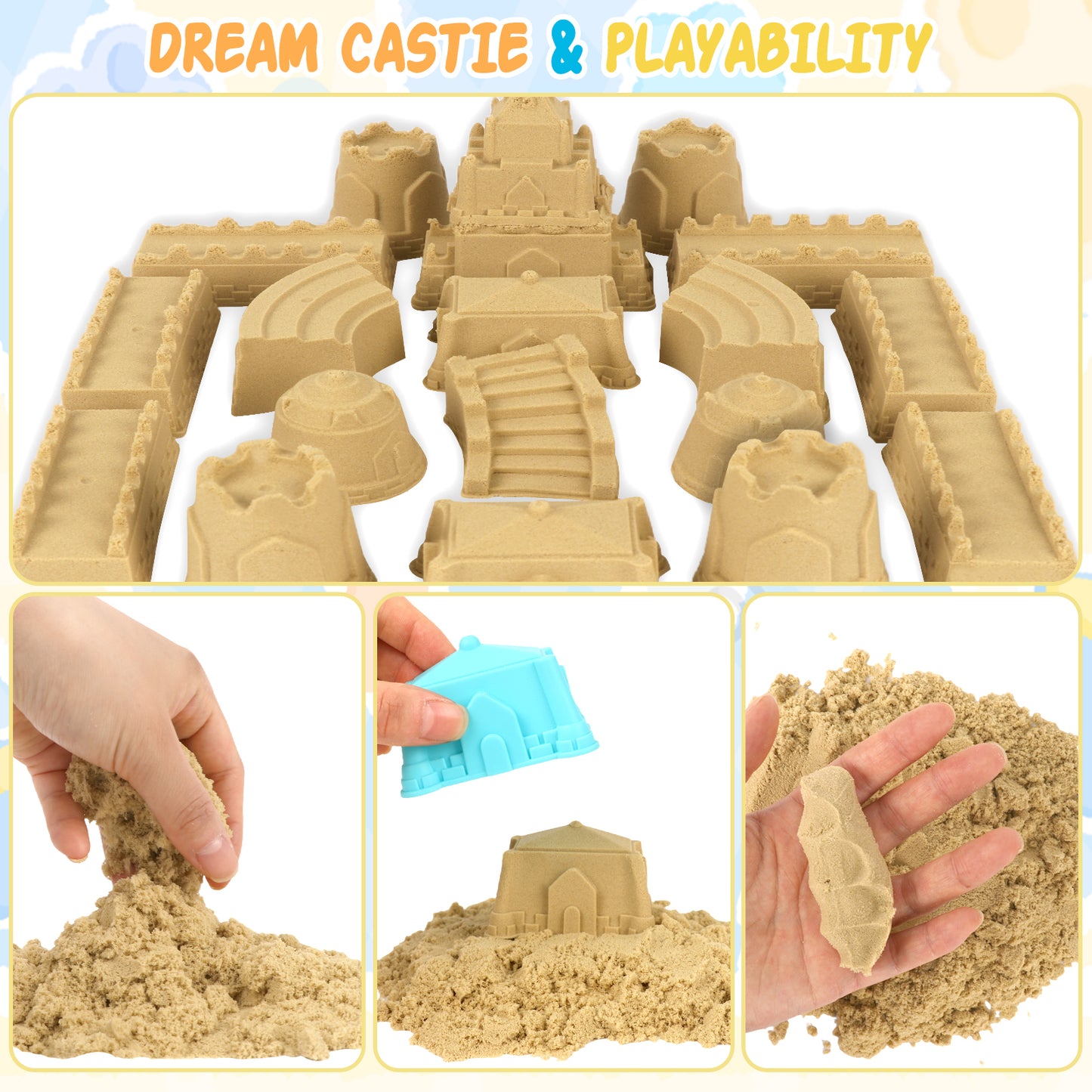 KiddiTouch Sensory Bin, Sandbox with 3.3lbs Play Sand Construction Set, 4 Take Apart Construction Trucks Toys and Signs,Birthday for Boy Kid Toddlers Age 3-8