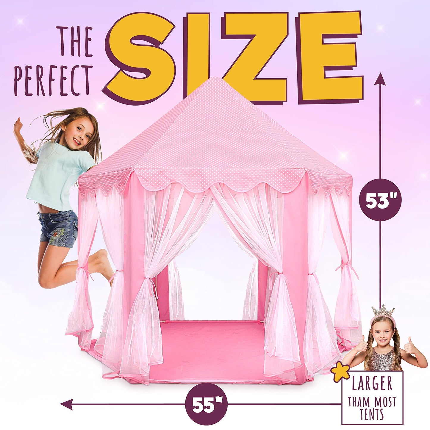 KiddiTouch Princess Castle Play Tent for Girls with Lights, 55" x 53" Collapsible Hexagon Playhouse for Kids Tent Indoor Play Games