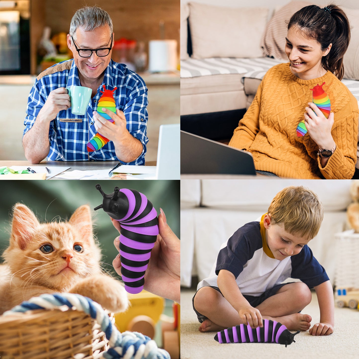 KiddiTouch 4 Pcs Fidget Toy Slug, Sensory Slug Toys for Autistic Kids & Adults, 3D Articulated Sensory Toys for Autistic, Strength Exercise & Stress Relief