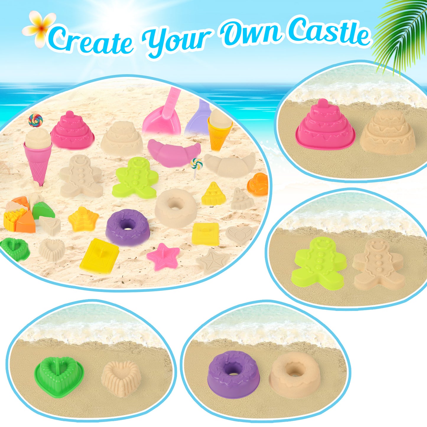 KiddiTouch Sand Toys 35Pcs Beach Toys Sandbox Toys with Collapsible Sand Bucket& Mesh Beach Toy Bag, 4 Sand Tools, 18 Sand Molds, Sand Castle Kit for Girls Kids Ages 3-12