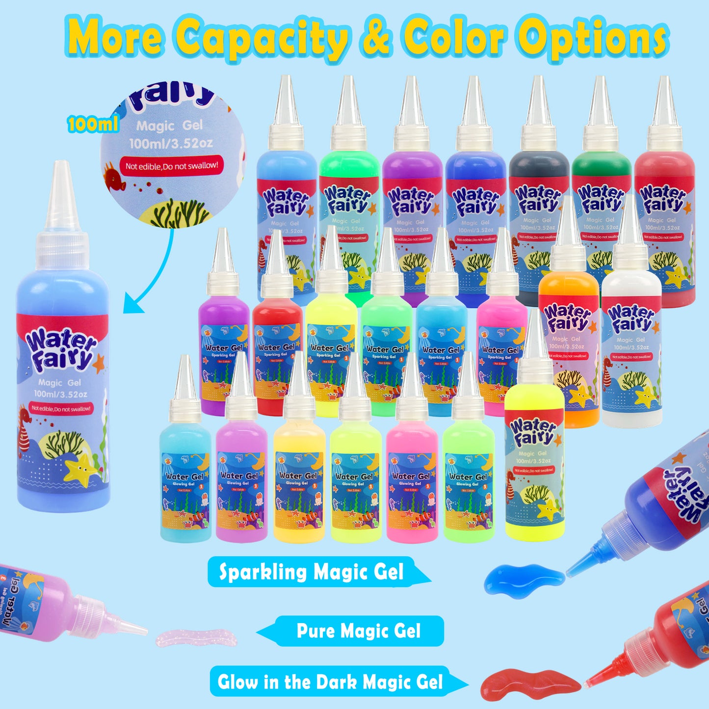 KiddiTouch Magic Water Elf Toy Gel Kit with 22 Gels, 16 Molds, 6 Pack of Magic Powder, Water Pets DIY Sensory Craft Kits for Kids Age 3+