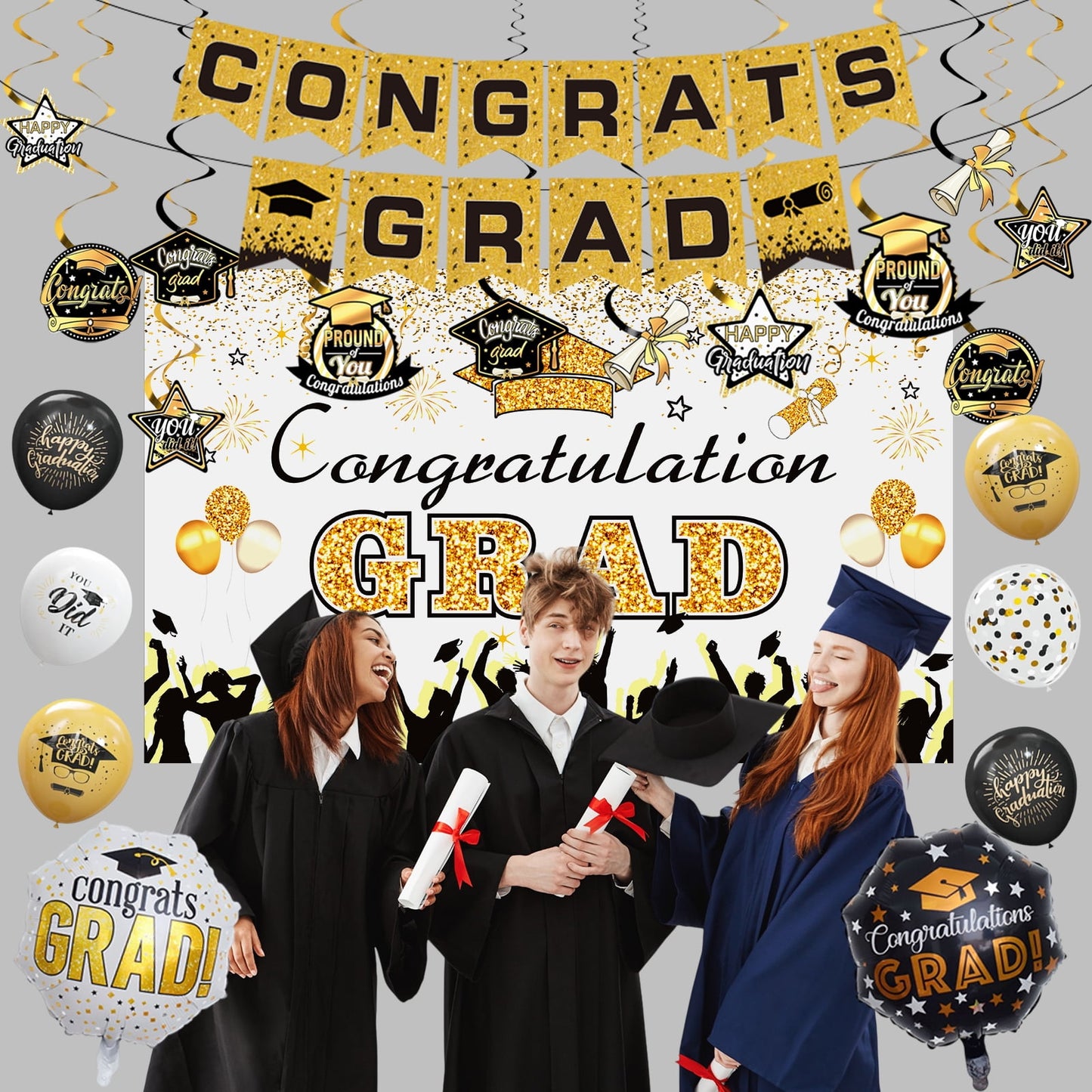 KiddiTouch Graduation Decorations Class of 2025 Gold Themed Backdrop Banner, Graduation Hanging Swirl, Balloons and Honeycomb Supplies for Graduation Party