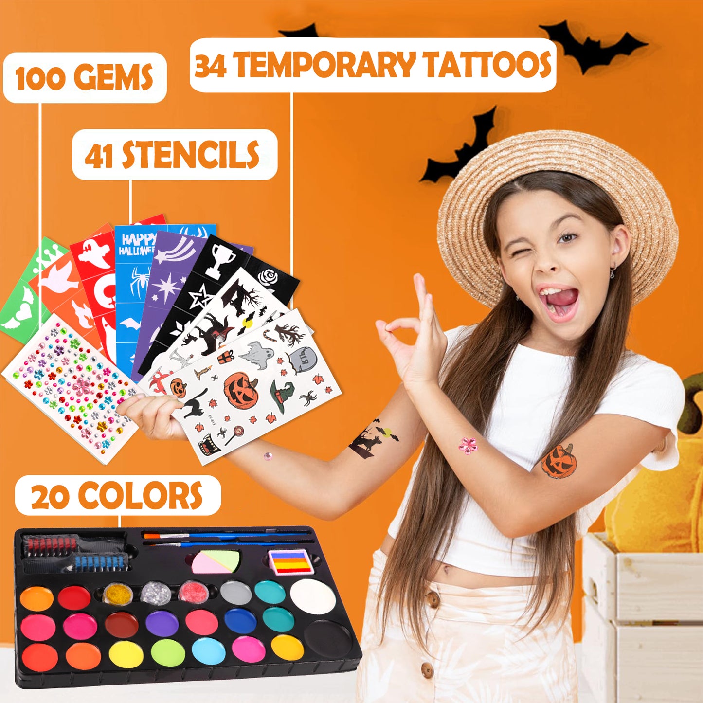 KiddiTouch Face Painting Kit for Kids –20 Colors Water Based Body Face Paint Kit Includes Hair Chalks Comb, Brushes, Stencils, Professional Halloween Makeup