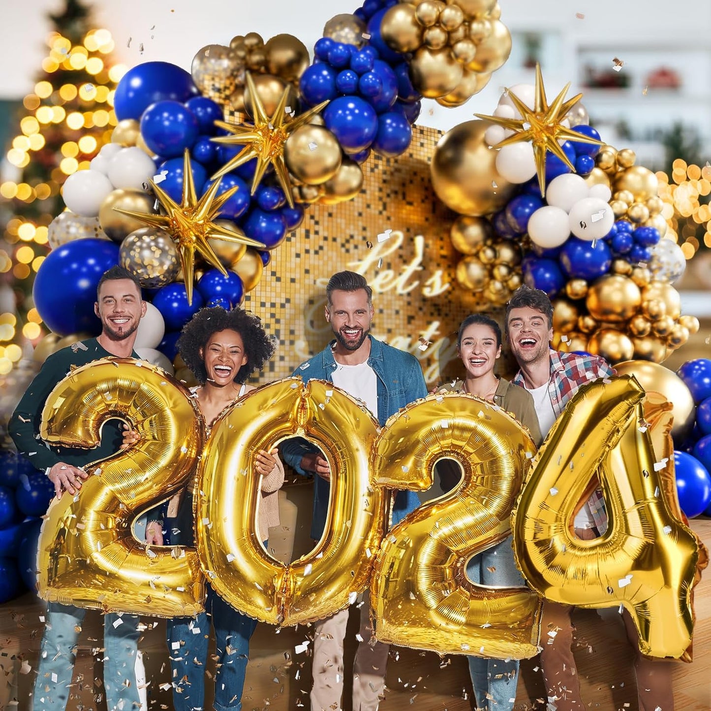 KiddiTouch 136pcs Royal Blue and Gold Balloons Arch Garland Kit with Starburst Foil Balloons