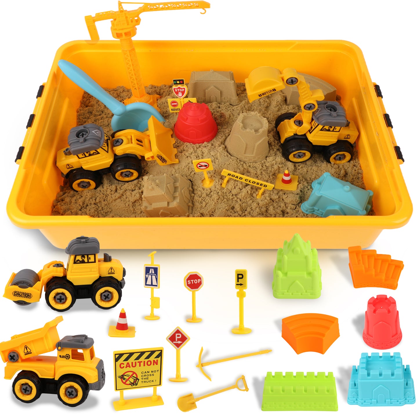 KiddiTouch Sensory Bin, Sandbox with 3.3lbs Play Sand Construction Set, 4 Take Apart Construction Trucks Toys and Signs,Birthday for Boy Kid Toddlers Age 3-8