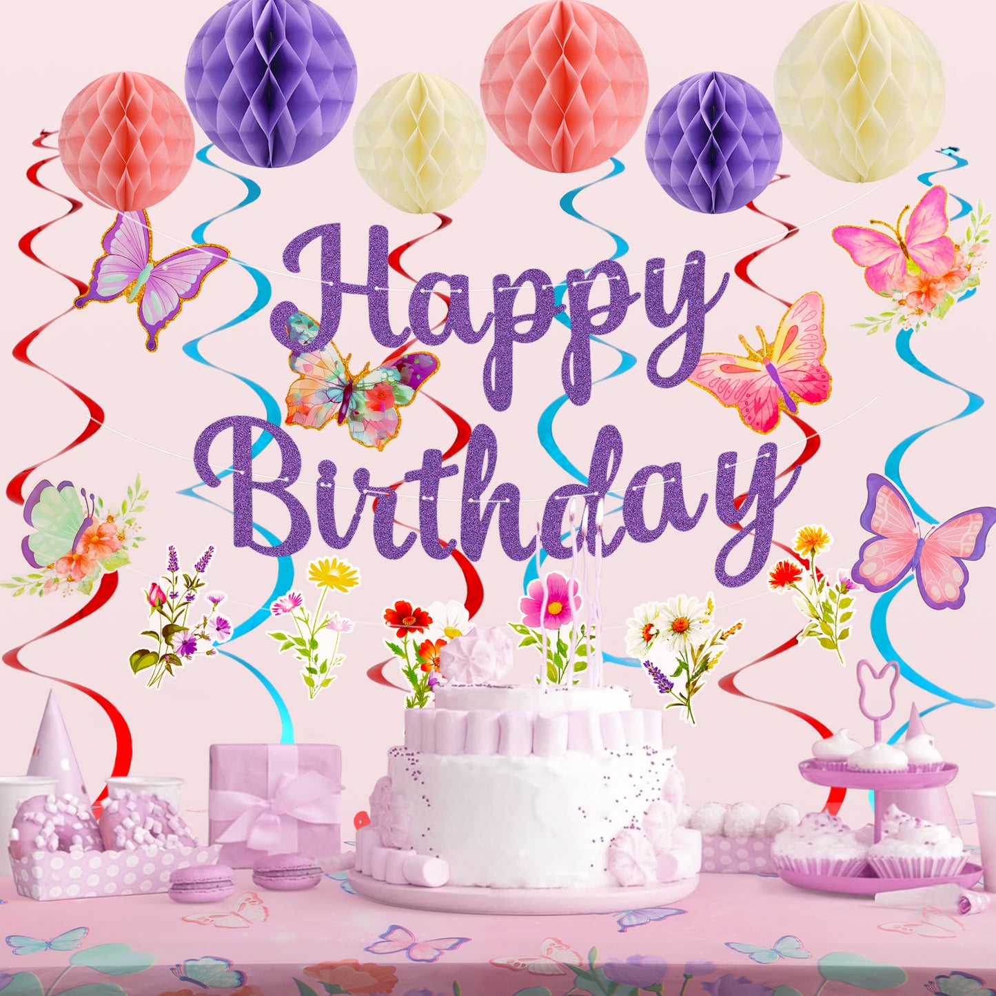 Kidditouch Birthday Decorations, NO DIY, Pre-Strung Happy Birthday Banner with Honeycomb Balls, Butterflies Hanging Swirls Streamer, Flower Garland, Butterflies Tablecloth, Happy Birthday Party Decorations for Women Men Boys Girls (Purple)