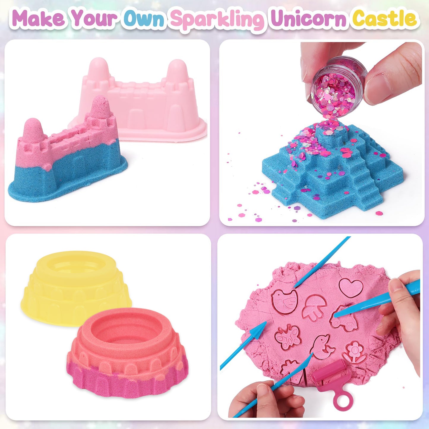 KiddiTouch Sensory Bin Play Sand Set Moldable Sensory Sand Kit, Non-Sticky Sand with Castle Molds and Tools, Sensory Toy Birthday Gift for Girl Toddler Ages 3-8