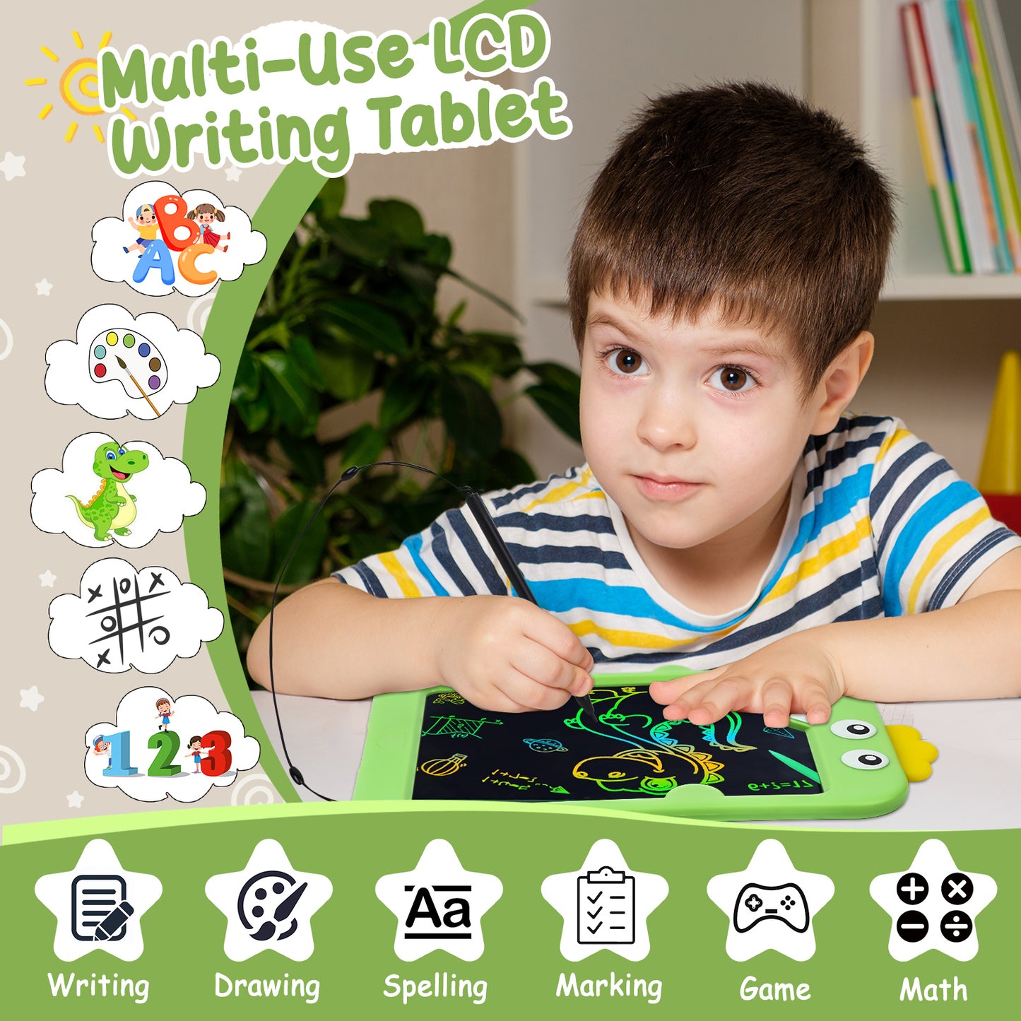 KiddiTouch LCD Writting Tablet for Kids 10 Inch Dinosaur Erasable Doodle Board Mess Free Drawing Pad for Boys Educational Toys Birthday Gift
