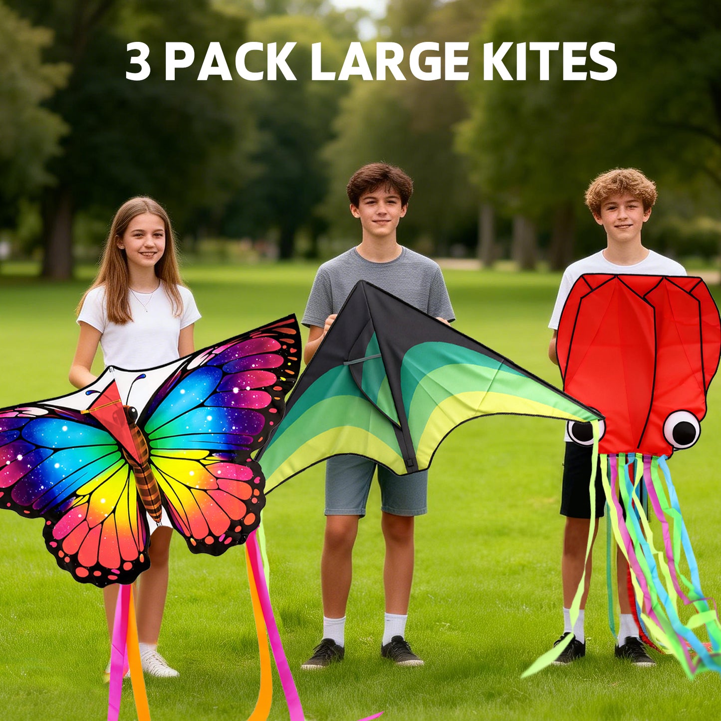 KiddiTouch 3 Pack Kites for Kids and Adults,Easy to Fly Butterfly Delta Octopus Kids Kite Set with 328FT Wire Board for Beginners,Family Outdoor Activities