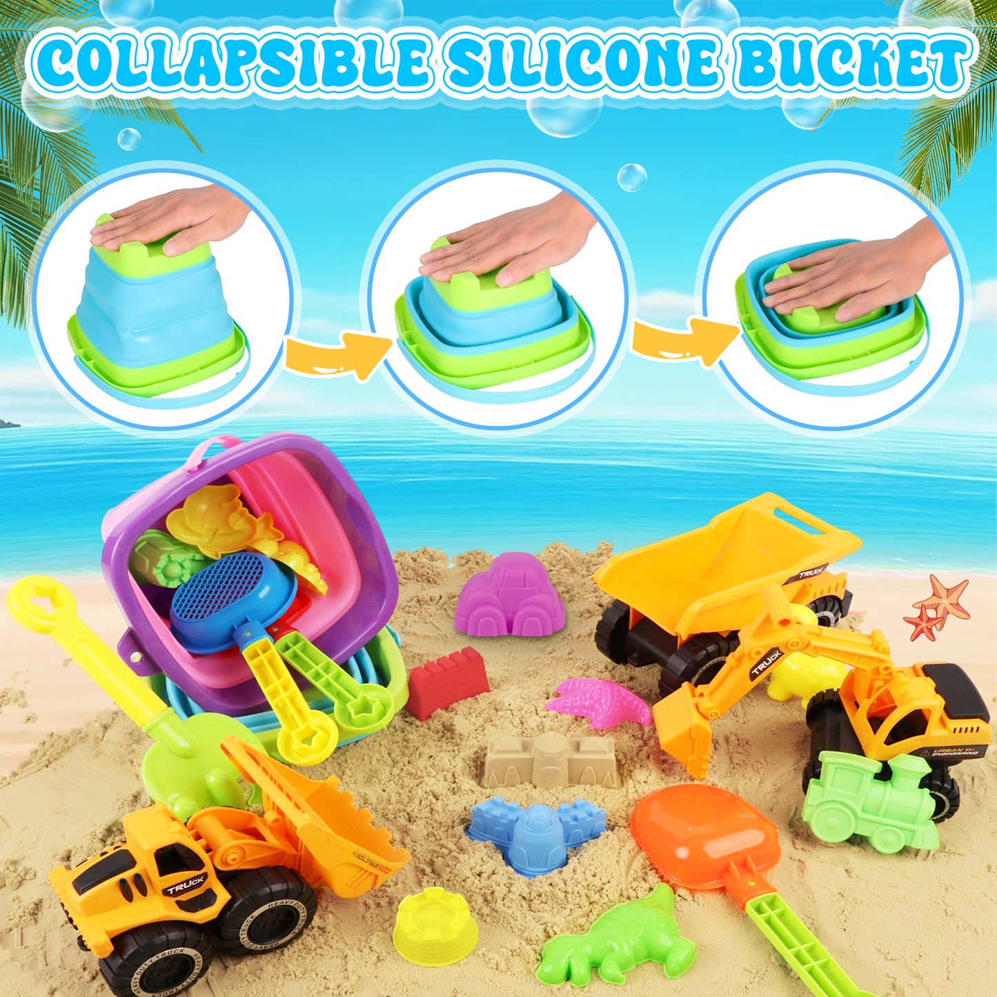 KiddiTouch Sand Toys, 35Pcs Beach Toys, Sandbox Toys with 3 Truck 2 Collapsible Beach Bucket, Sand Castle Toys Kit, Animal Dinosaur Molds, Shovel Set, 2 Mesh Bag, Travel Toys for Boys Girls 3-10