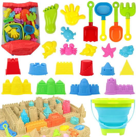 KiddiTouch Collapsible Beach Toys for Kids Toddlers, Sand Buckets and Shovels Set with Mesh Bag, Sand Castle Toys for Beach, Travel Sand Toys, Sandbox Toys for Toddlers Kids Ages 3-12