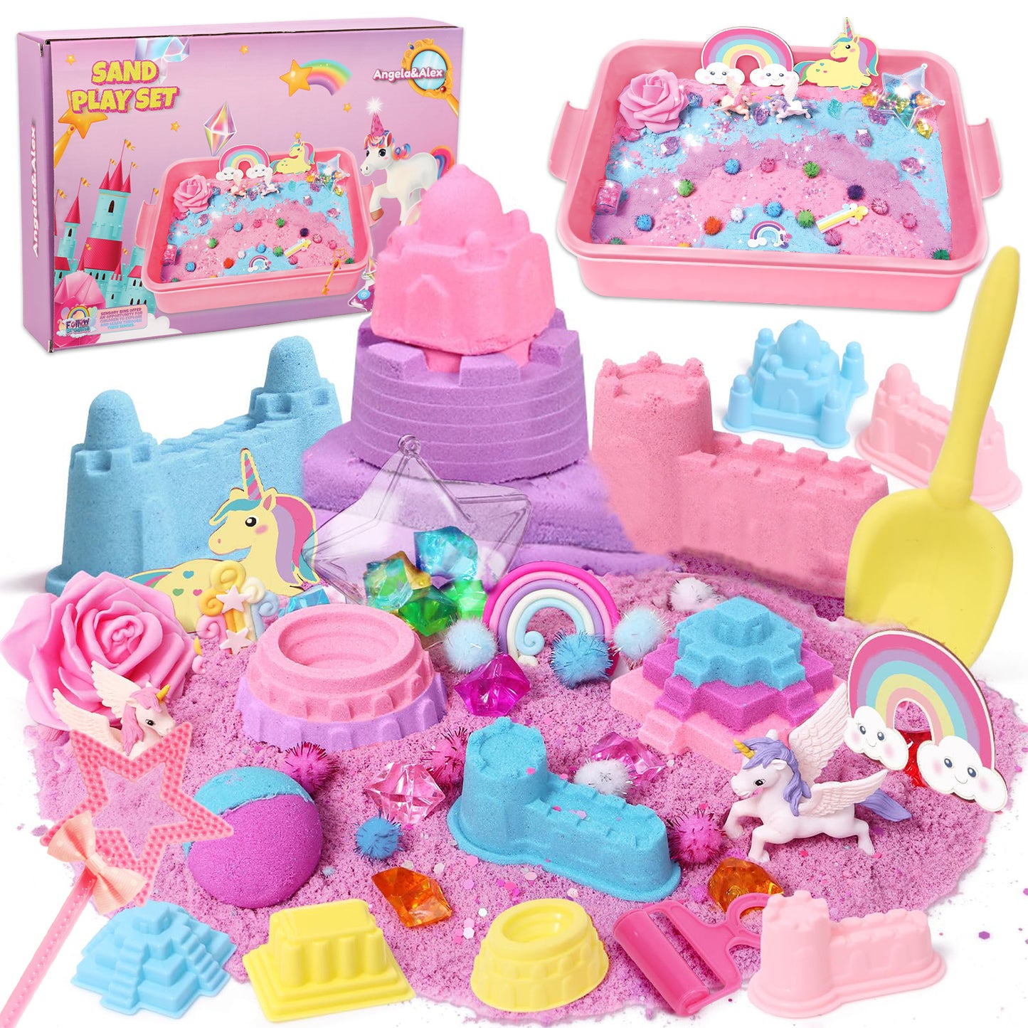 KiddiTouch Sensory Bin Play Sand Set Moldable Sensory Sand Kit, Non-Sticky Sand with Castle Molds and Tools, Sensory Toy Birthday Gift for Girl Toddler Ages 3-8