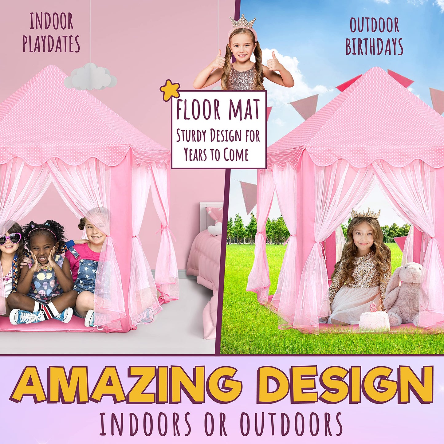 KiddiTouch Princess Castle Play Tent for Girls with Lights, 55" x 53" Collapsible Hexagon Playhouse for Kids Tent Indoor Play Games