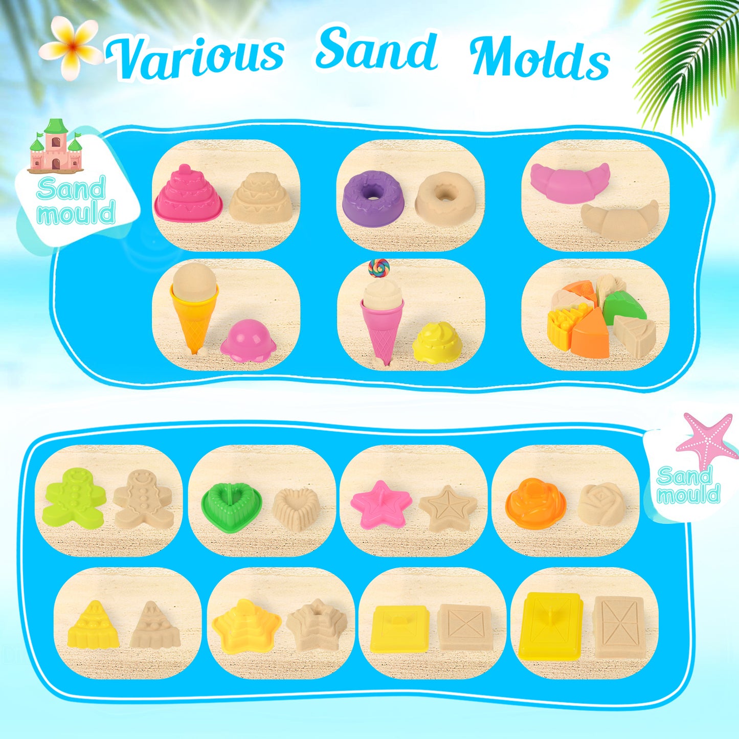 KiddiTouch Sand Toys 35Pcs Beach Toys Sandbox Toys with Collapsible Sand Bucket& Mesh Beach Toy Bag, 4 Sand Tools, 18 Sand Molds, Sand Castle Kit for Girls Kids Ages 3-12