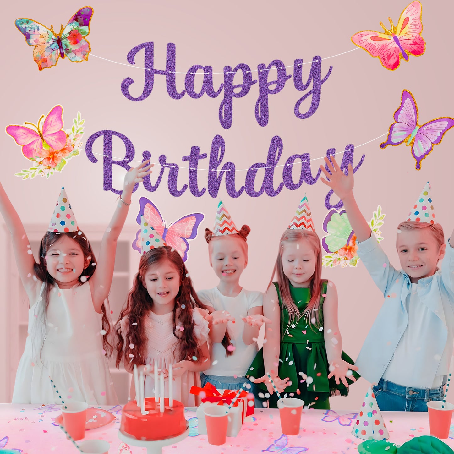 Kidditouch Birthday Decorations, NO DIY, Pre-Strung Happy Birthday Banner with Honeycomb Balls, Butterflies Hanging Swirls Streamer, Flower Garland, Butterflies Tablecloth, Happy Birthday Party Decorations for Women Men Boys Girls (Purple)