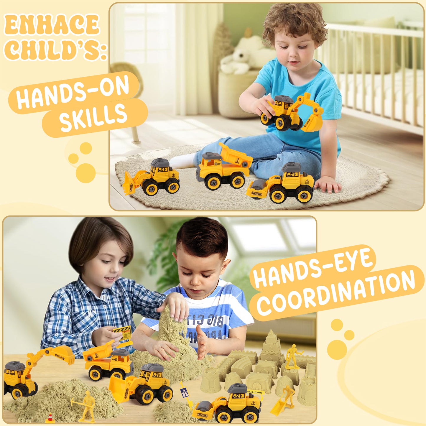 KiddiTouch Sensory Bin, Sandbox with 3.3lbs Play Sand Construction Set, 4 Take Apart Construction Trucks Toys and Signs,Birthday for Boy Kid Toddlers Age 3-8