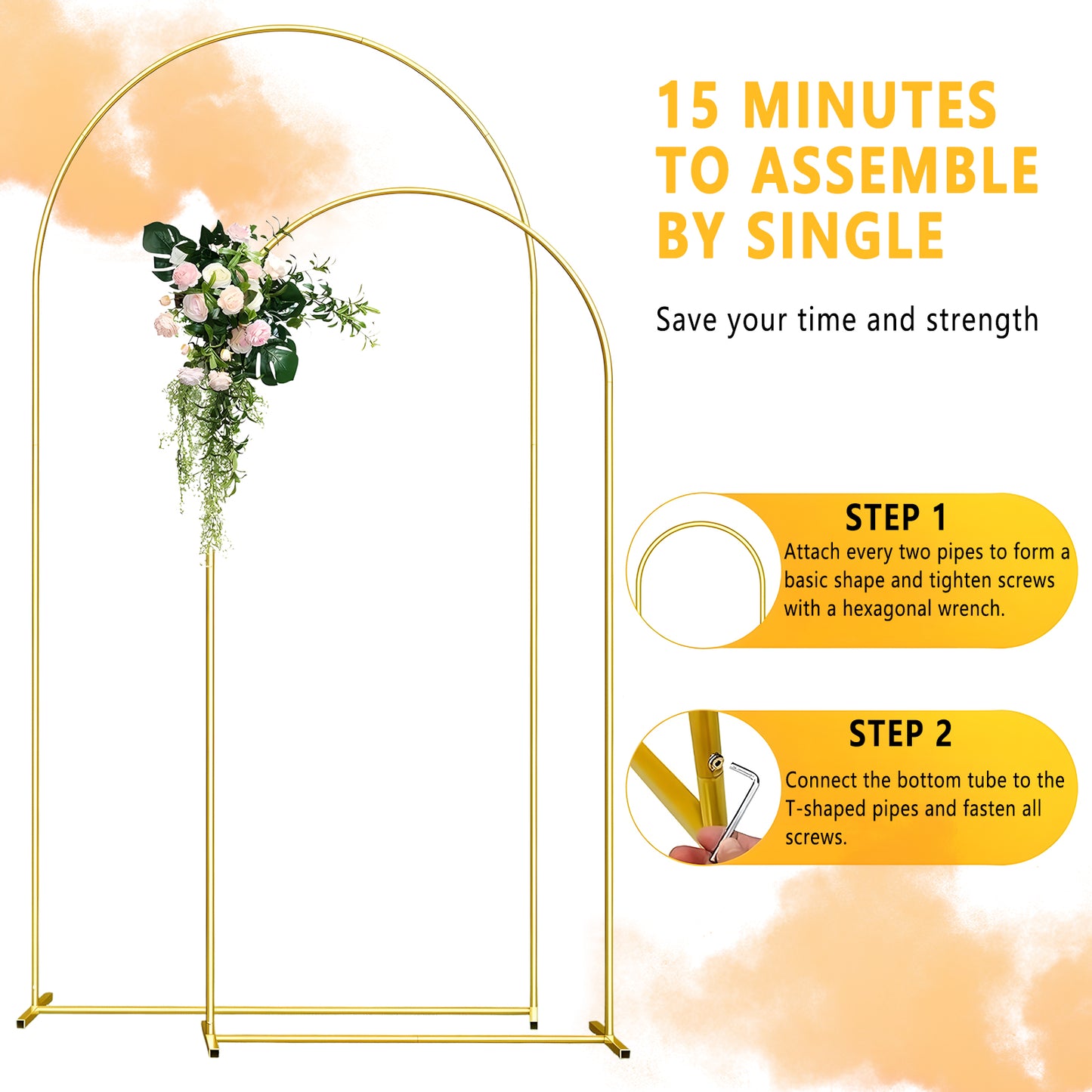 KiddiTouch 2 Pack Arch Backdrop Stand (7.2FT+6FT), Gold Metal Balloon Arch Stand, Arch Frame for Wedding, Birthday, Party, Baby Shower, Graduation Ceremony