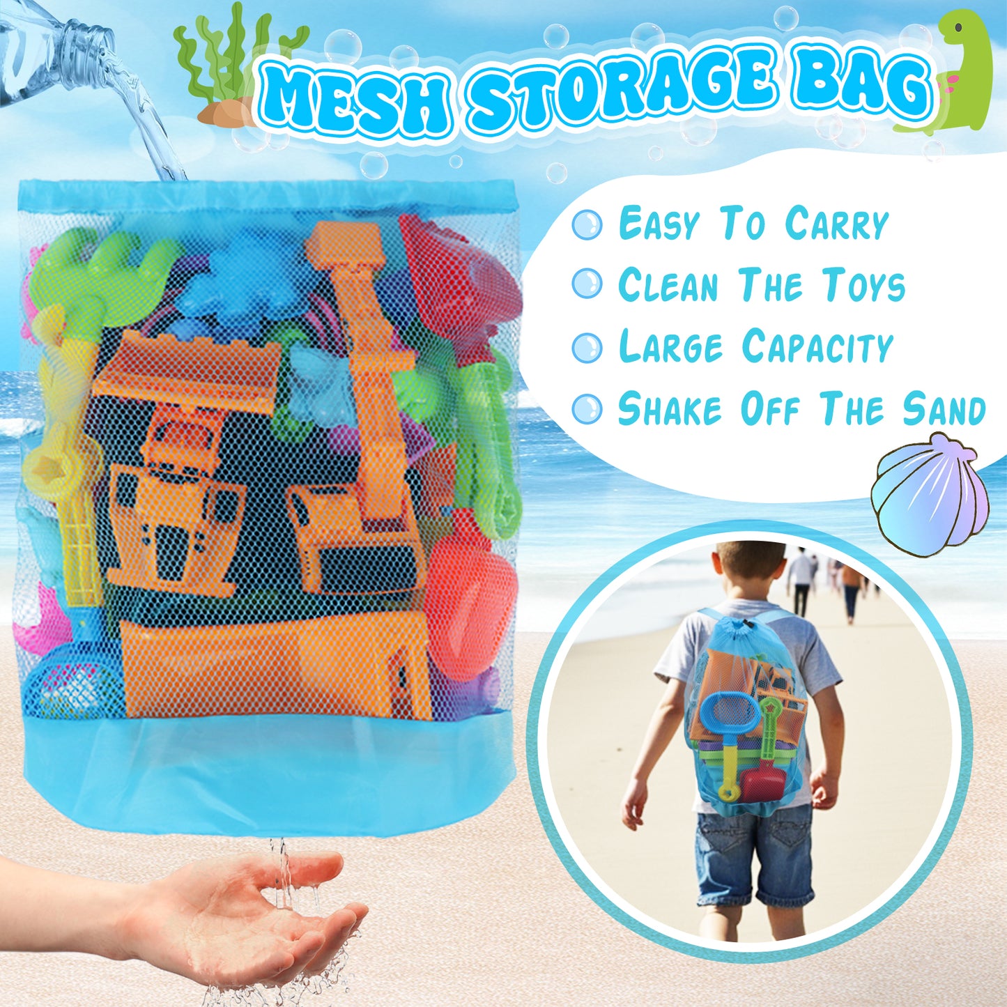 KiddiTouch Sand Toys, 35Pcs Beach Toys, Sandbox Toys with 3 Truck 2 Collapsible Beach Bucket, Sand Castle Toys Kit, Animal Dinosaur Molds, Shovel Set, 2 Mesh Bag, Travel Toys for Boys Girls 3-10