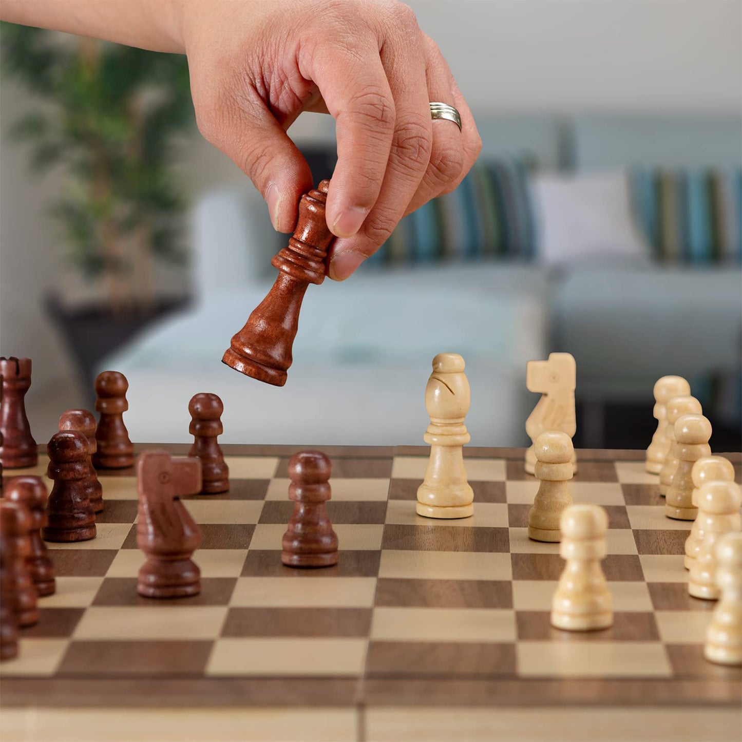 KiddiTouch 15 inch Magnetic Wooden Chess Set 2 in 1 Chess Checkers Folding Board Travel Chess Sets Game for Adults and Kids-2 Extra Queen Pieces