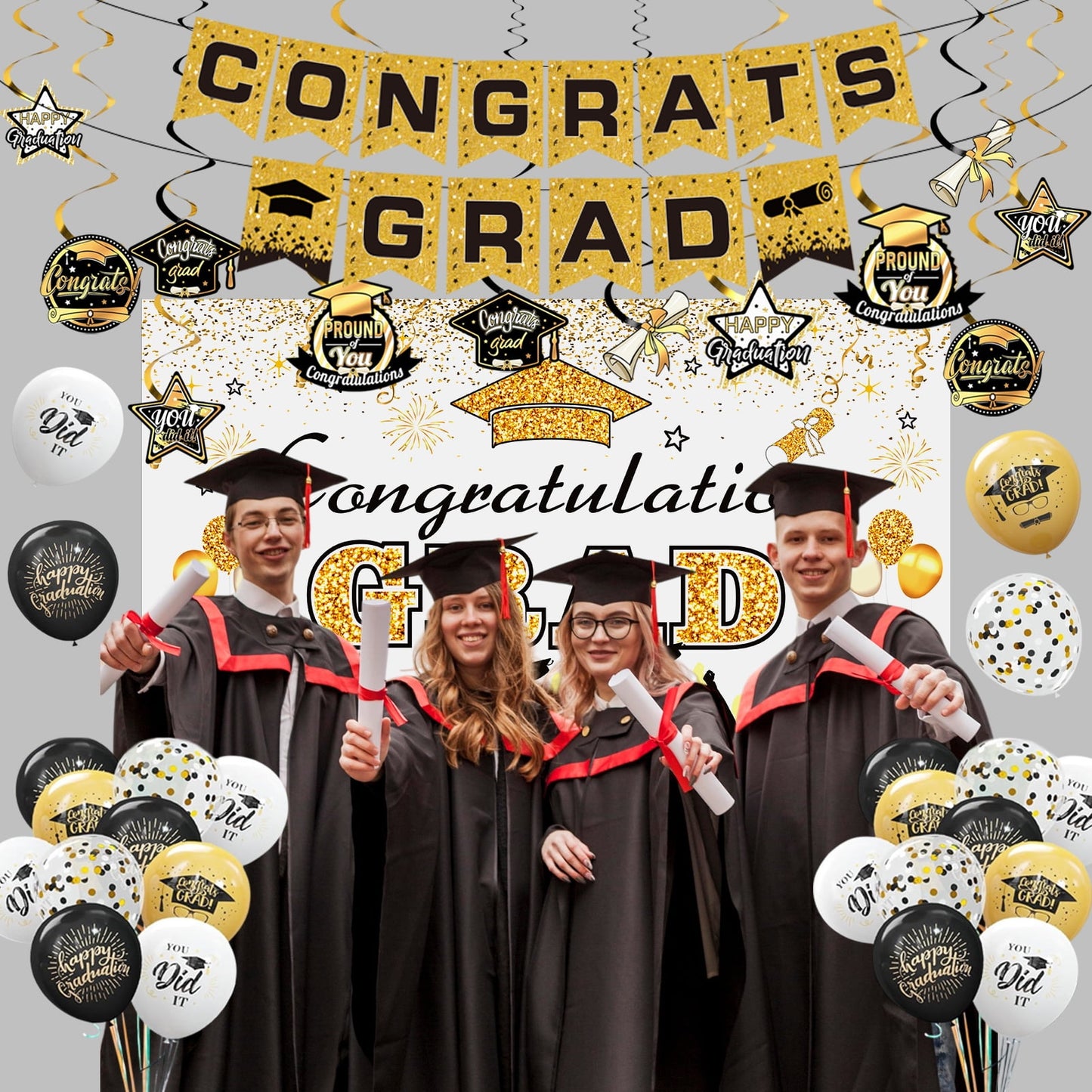 KiddiTouch Graduation Decorations Class of 2025 Gold Themed Backdrop Banner, Graduation Hanging Swirl, Balloons and Honeycomb Supplies for Graduation Party