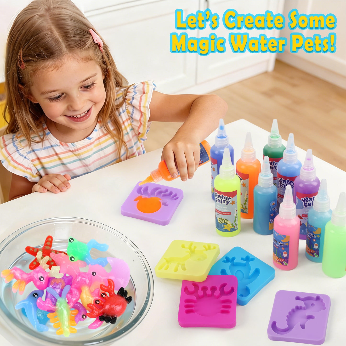 KiddiTouch Magic Water Elf Toy Gel Kit with 22 Gels, 16 Molds, 6 Pack of Magic Powder, Water Pets DIY Sensory Craft Kits for Kids Age 3+