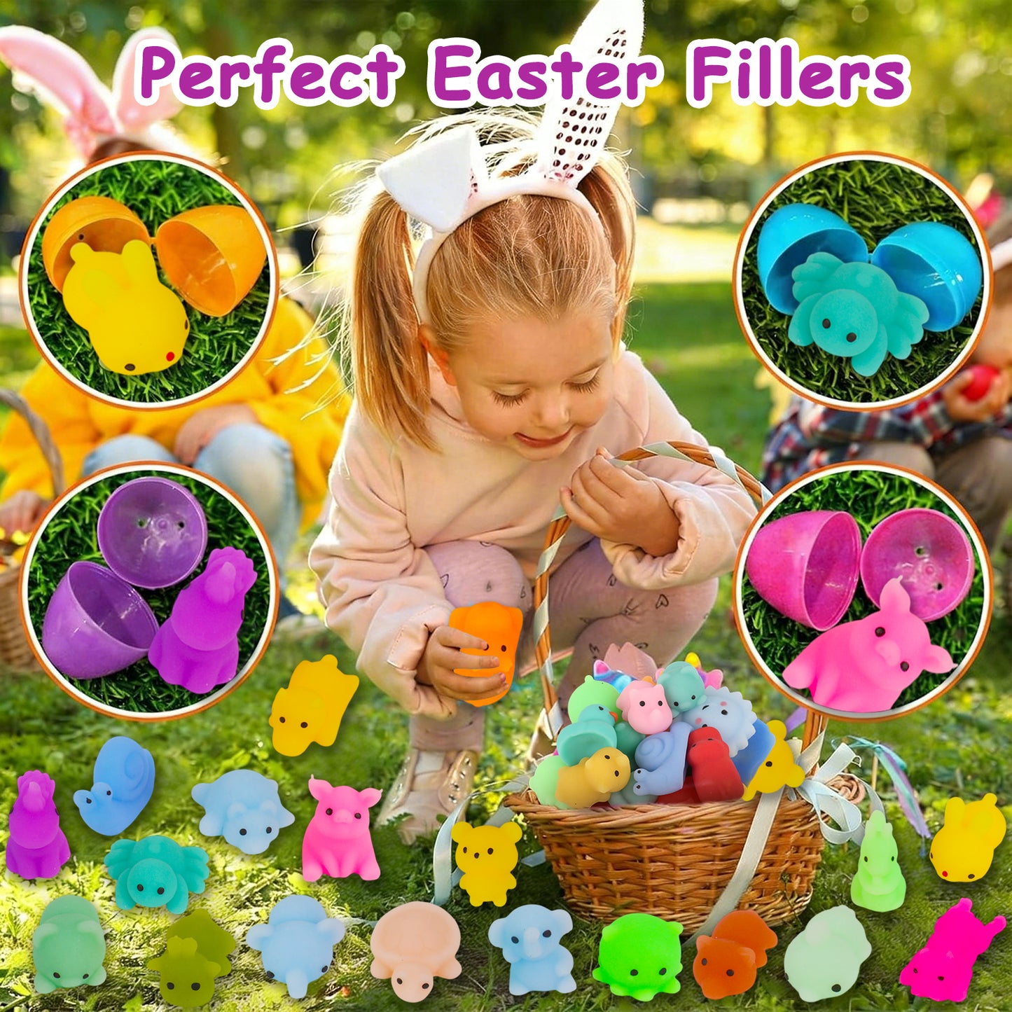 KiddiTouch 150 Pcs Mochi Easter Squishy Toys for Kids Party Favors, Kawaii Mini Easter Egg Filler for Classroom Prizes, Stress Relief Sensory Toy for Boys Girls Birthday Gift