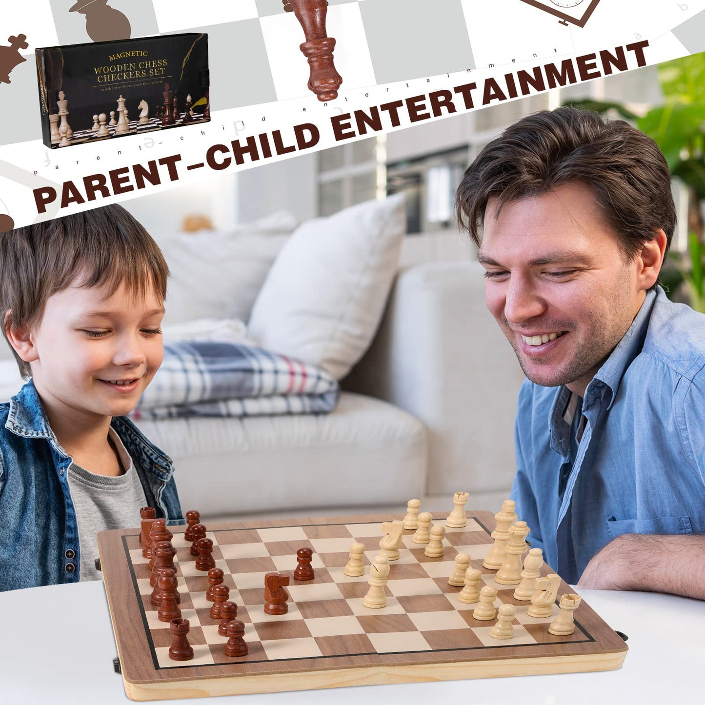 KiddiTouch 15 inch Magnetic Wooden Chess Set 2 in 1 Chess Checkers Folding Board Travel Chess Sets Game for Adults and Kids-2 Extra Queen Pieces