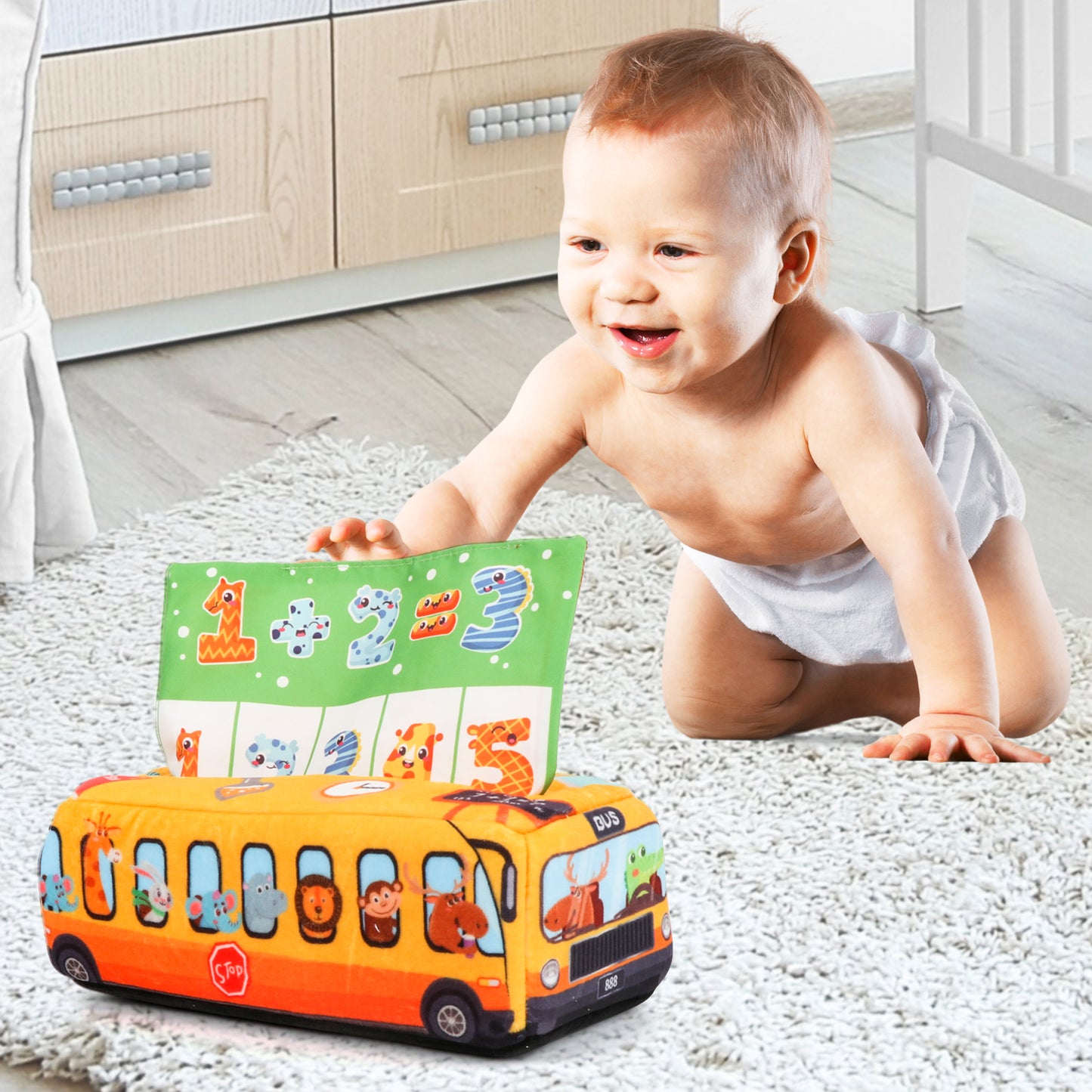 Baby Tissue Box Toy, Soft Montessori Toys for Babies 6 to 12 Months, Crinkle Paper Sensory Silk Scarves Toys for 1 Year Old Boys Girls Kids Early Learning Gifts(Bus)
